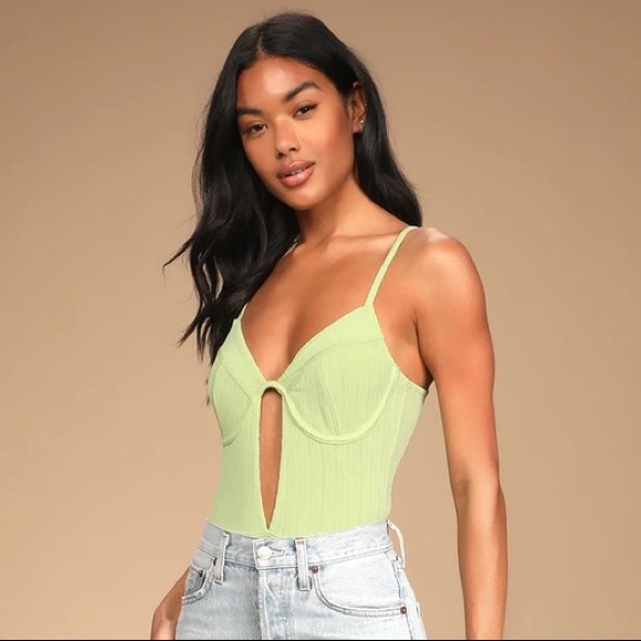 Lulus Tops - NEW Light Green Ribbed Tie-Back Cutout Bodysuit